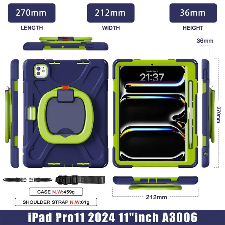 For iPad Pro 11 (2024) Case Kickstand TPU+PC+Silicone Tablet Cover with Shoulder Strap