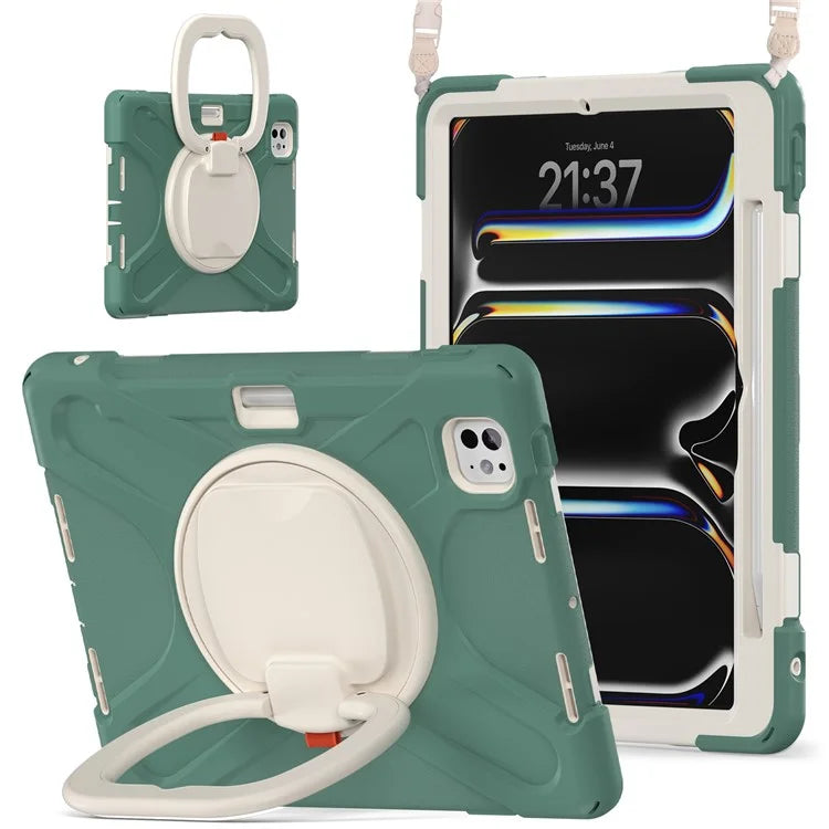 For iPad Pro 11 (2024) Case Kickstand TPU+PC+Silicone Tablet Cover with Shoulder Strap