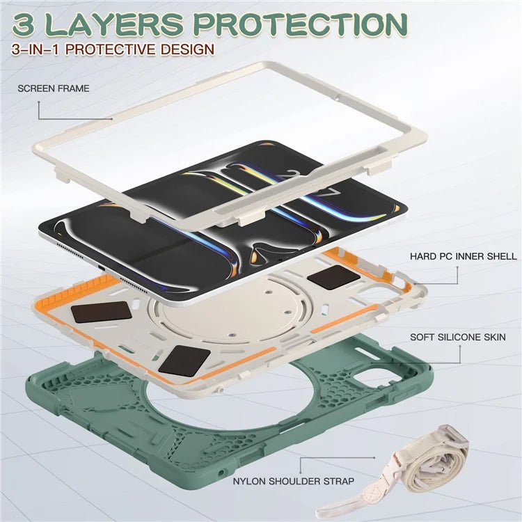 For iPad Pro 11 (2024) Case Kickstand TPU+PC+Silicone Tablet Cover with Shoulder Strap