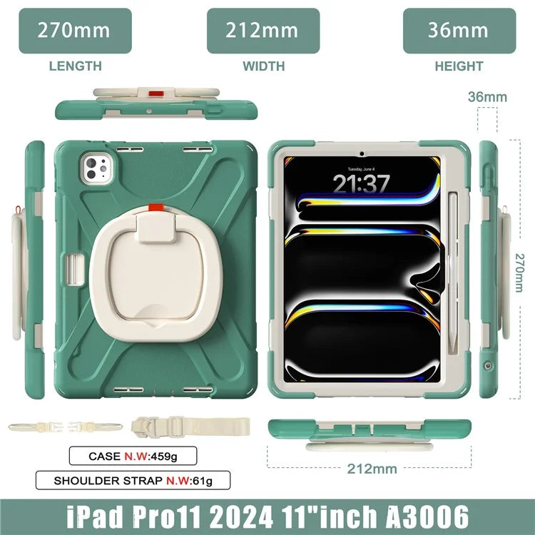 For iPad Pro 11 (2024) Case Kickstand TPU+PC+Silicone Tablet Cover with Shoulder Strap