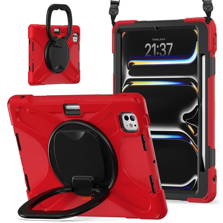 For iPad Pro 11 (2024) Case Kickstand TPU+PC+Silicone Tablet Cover with Shoulder Strap
