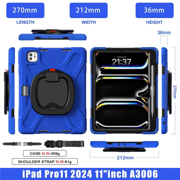 For iPad Pro 11 (2024) Case Kickstand TPU+PC+Silicone Tablet Cover with Shoulder Strap