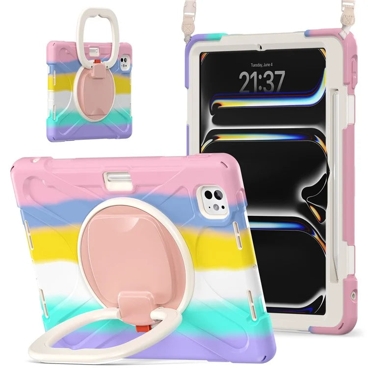 For iPad Pro 11 (2024) Case Kickstand TPU+PC+Silicone Tablet Cover with Shoulder Strap