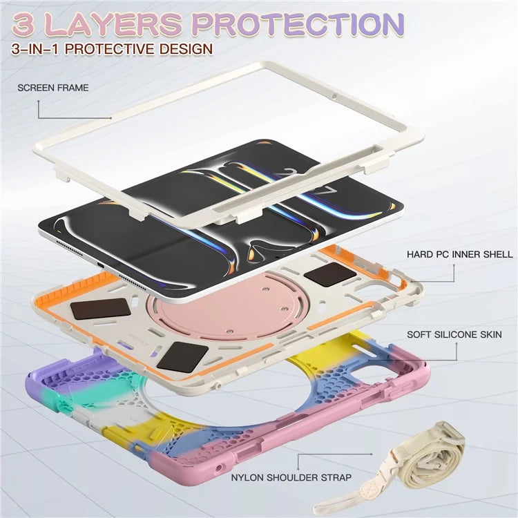 For iPad Pro 11 (2024) Case Kickstand TPU+PC+Silicone Tablet Cover with Shoulder Strap