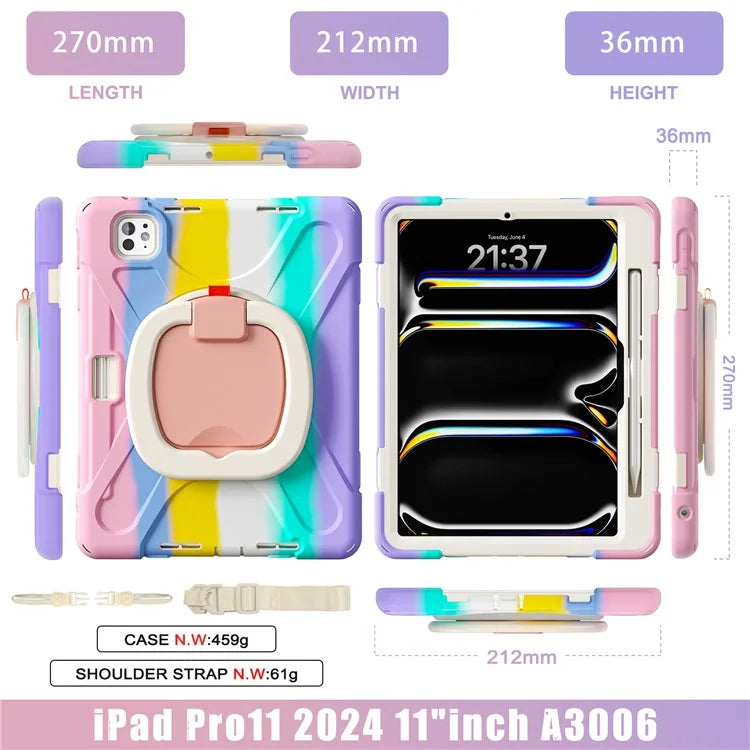 For iPad Pro 11 (2024) Case Kickstand TPU+PC+Silicone Tablet Cover with Shoulder Strap