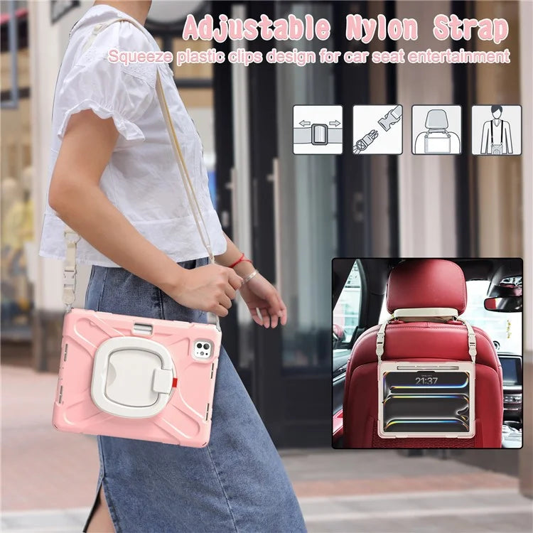 For iPad Pro 11 (2024) Case Kickstand TPU+PC+Silicone Tablet Cover with Shoulder Strap