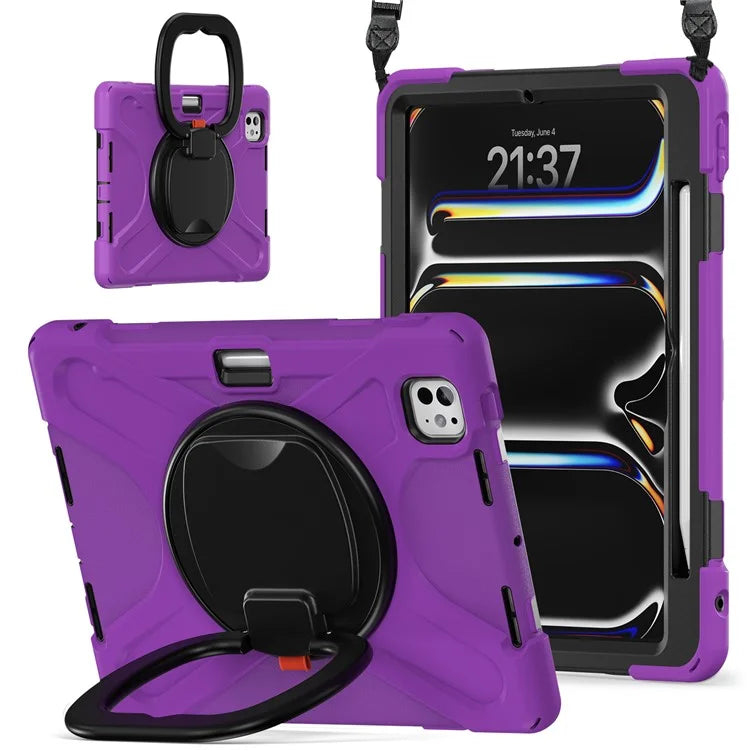 For iPad Pro 11 (2024) Case Kickstand TPU+PC+Silicone Tablet Cover with Shoulder Strap