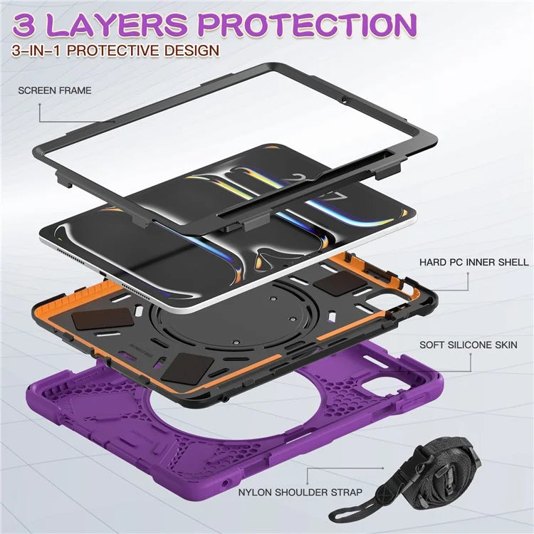 For iPad Pro 11 (2024) Case Kickstand TPU+PC+Silicone Tablet Cover with Shoulder Strap