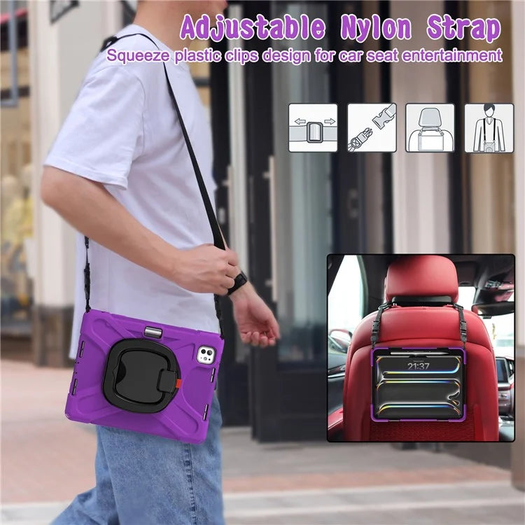 For iPad Pro 11 (2024) Case Kickstand TPU+PC+Silicone Tablet Cover with Shoulder Strap
