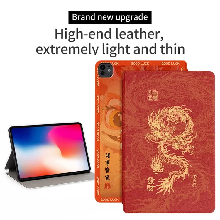 For iPad Pro 11 (2024) Case PU Leather Loong Pattern Stand Tablet Cover