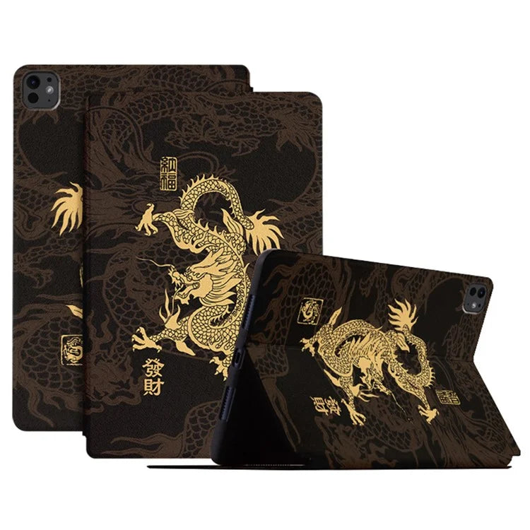 For iPad Pro 11 (2024) Case PU Leather Loong Pattern Stand Tablet Cover
