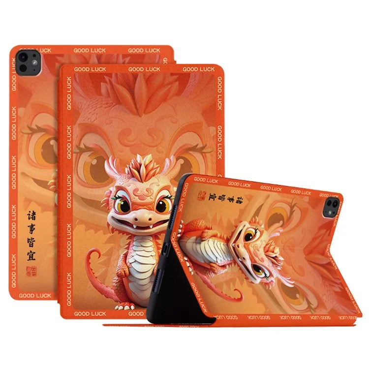 For iPad Pro 11 (2024) Case PU Leather Loong Pattern Stand Tablet Cover