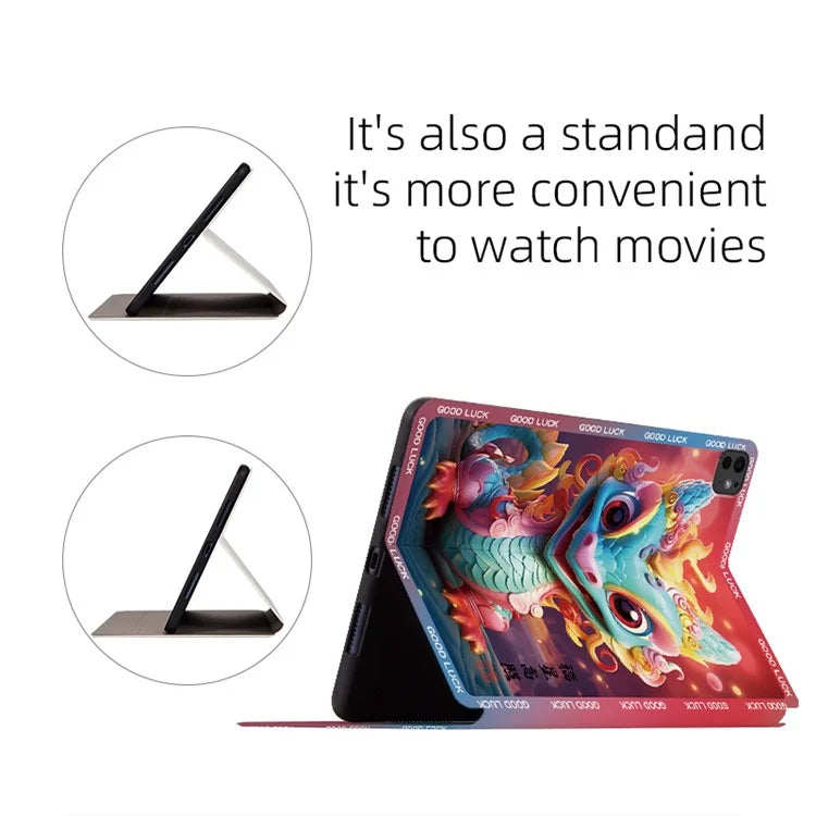 For iPad Pro 11 (2024) Case PU Leather Loong Pattern Stand Tablet Cover