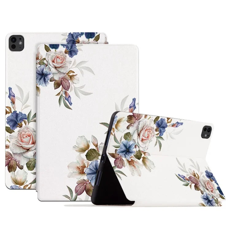 For iPad Pro 11 (2024) Case Flower Pattern Flip Stand Leather Smart Tablet Cover