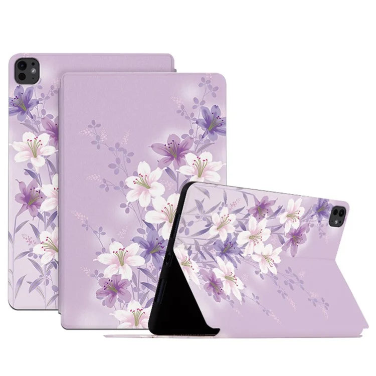For iPad Pro 11 (2024) Case Flower Pattern Flip Stand Leather Smart Tablet Cover