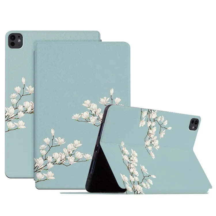 For iPad Pro 11 (2024) Case Flower Pattern Flip Stand Leather Smart Tablet Cover