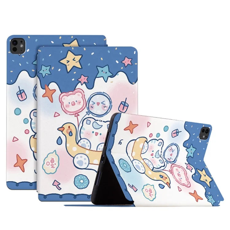 For iPad Pro 11 (2024) Case Cute Cartoon Pattern Print PU Leather Tablet Cover