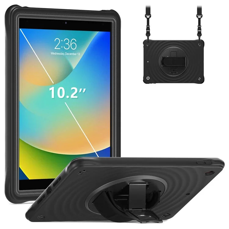 For iPad 10.2 (2021) / (2019) / (2020) Kickstand Case Round Ripples Hand Strap PC+Silicone Tablet Cover with Strap