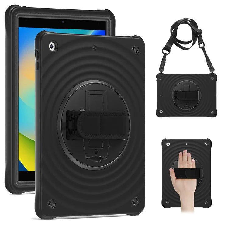 For iPad 10.2 (2021) / (2019) / (2020) Kickstand Case Round Ripples Hand Strap PC+Silicone Tablet Cover with Strap
