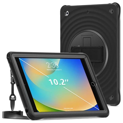 For iPad 10.2 (2021) / (2019) / (2020) Kickstand Case Round Ripples Hand Strap PC+Silicone Tablet Cover with Strap