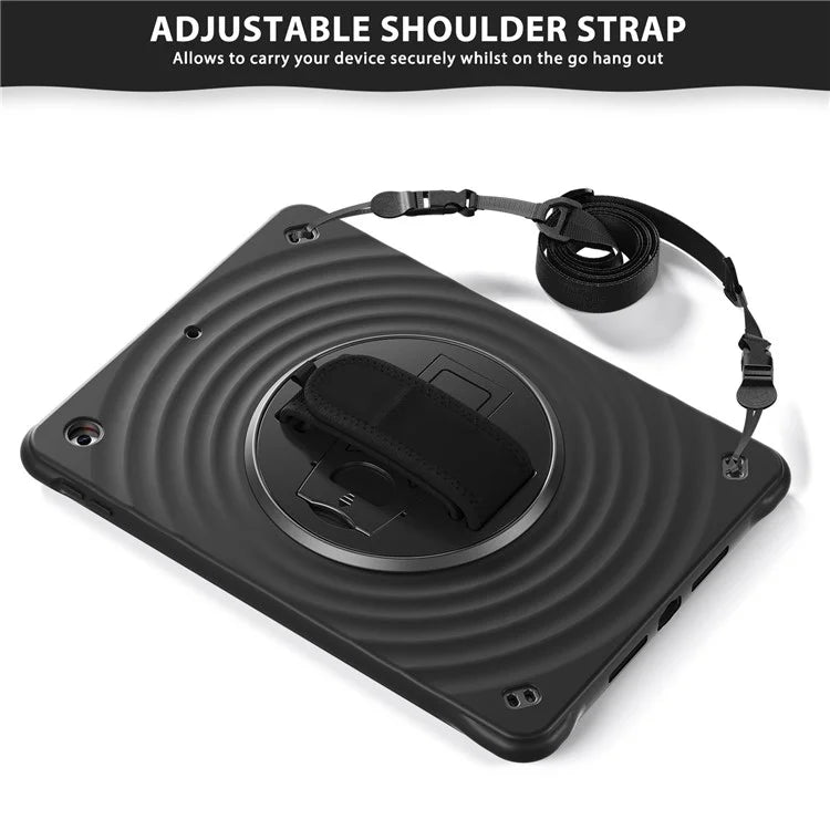 For iPad 10.2 (2021) / (2019) / (2020) Kickstand Case Round Ripples Hand Strap PC+Silicone Tablet Cover with Strap