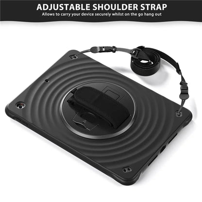 For iPad 10.2 (2021) / (2019) / (2020) Kickstand Case Round Ripples Hand Strap PC+Silicone Tablet Cover with Strap