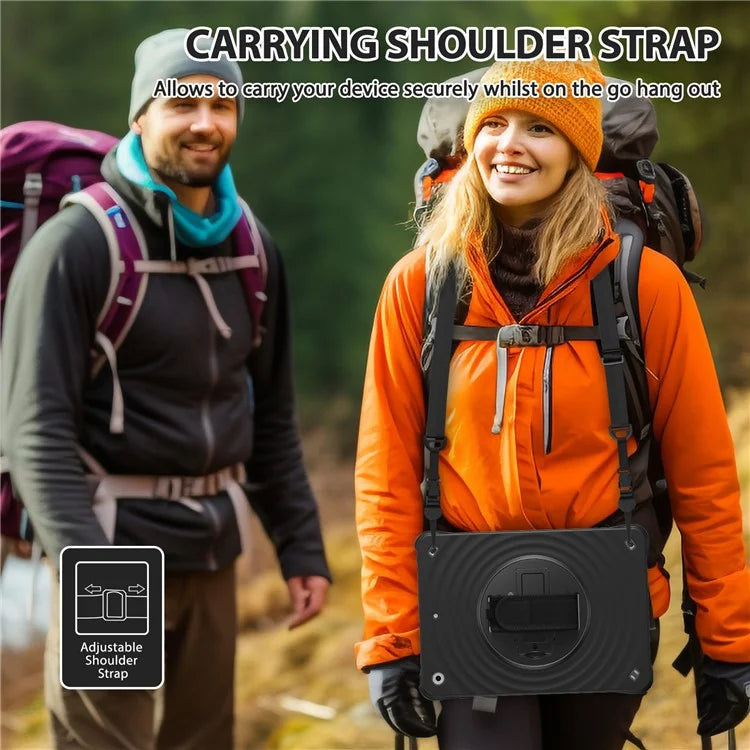 For iPad 10.2 (2021) / (2019) / (2020) Kickstand Case Round Ripples Hand Strap PC+Silicone Tablet Cover with Strap