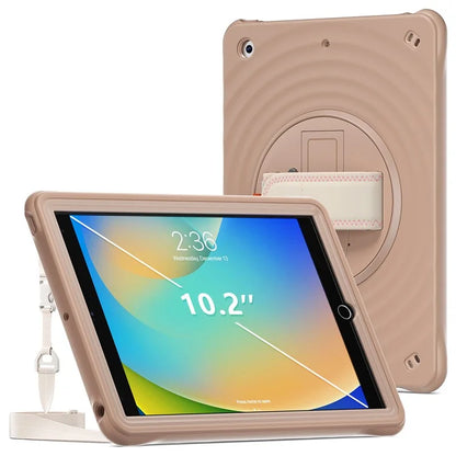 For iPad 10.2 (2021) / (2019) / (2020) Kickstand Case Round Ripples Hand Strap PC+Silicone Tablet Cover with Strap