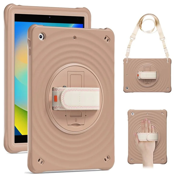 For iPad 10.2 (2021) / (2019) / (2020) Kickstand Case Round Ripples Hand Strap PC+Silicone Tablet Cover with Strap