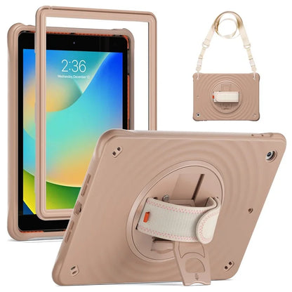 For iPad 10.2 (2021) / (2019) / (2020) Kickstand Case Round Ripples Hand Strap PC+Silicone Tablet Cover with Strap