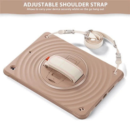 For iPad 10.2 (2021) / (2019) / (2020) Kickstand Case Round Ripples Hand Strap PC+Silicone Tablet Cover with Strap