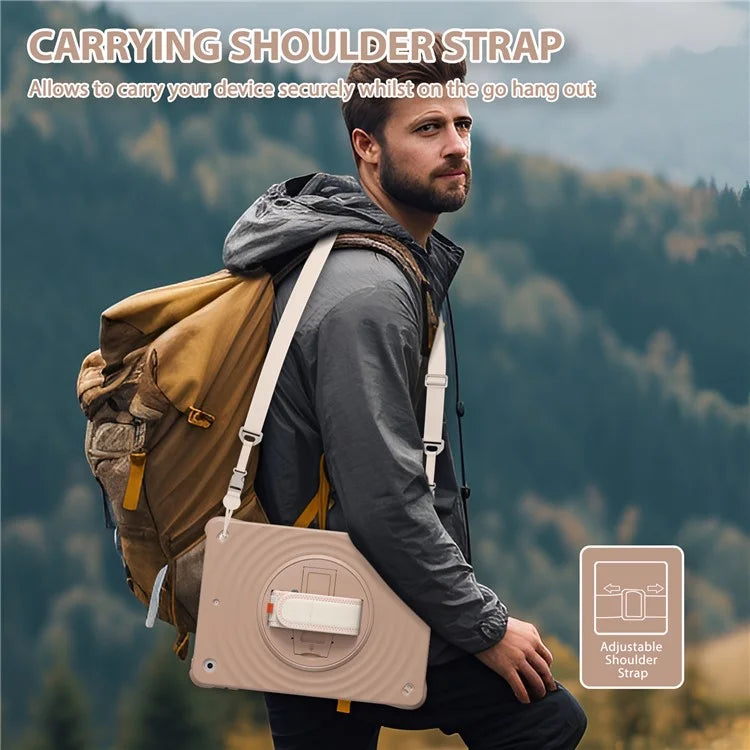 For iPad 10.2 (2021) / (2019) / (2020) Kickstand Case Round Ripples Hand Strap PC+Silicone Tablet Cover with Strap