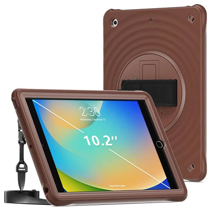 For iPad 10.2 (2021) / (2019) / (2020) Kickstand Case Round Ripples Hand Strap PC+Silicone Tablet Cover with Strap