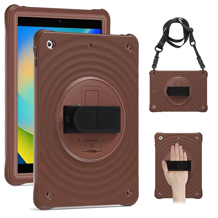 For iPad 10.2 (2021) / (2019) / (2020) Kickstand Case Round Ripples Hand Strap PC+Silicone Tablet Cover with Strap