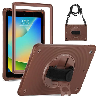 For iPad 10.2 (2021) / (2019) / (2020) Kickstand Case Round Ripples Hand Strap PC+Silicone Tablet Cover with Strap