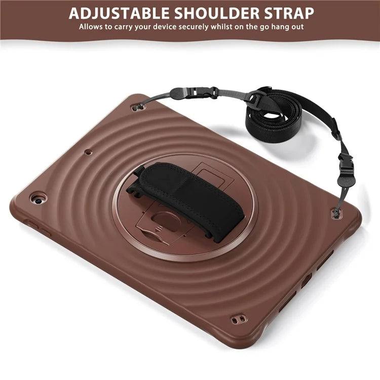 For iPad 10.2 (2021) / (2019) / (2020) Kickstand Case Round Ripples Hand Strap PC+Silicone Tablet Cover with Strap