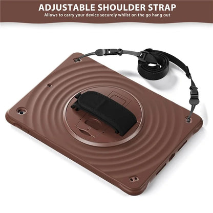 For iPad 10.2 (2021) / (2019) / (2020) Kickstand Case Round Ripples Hand Strap PC+Silicone Tablet Cover with Strap