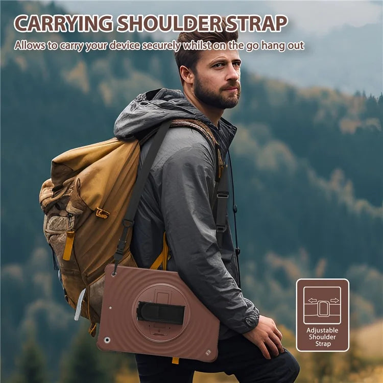 For iPad 10.2 (2021) / (2019) / (2020) Kickstand Case Round Ripples Hand Strap PC+Silicone Tablet Cover with Strap