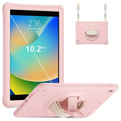 For iPad 10.2 (2021) / (2019) / (2020) Kickstand Case Round Ripples Hand Strap PC+Silicone Tablet Cover with Strap