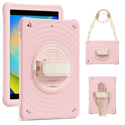 For iPad 10.2 (2021) / (2019) / (2020) Kickstand Case Round Ripples Hand Strap PC+Silicone Tablet Cover with Strap
