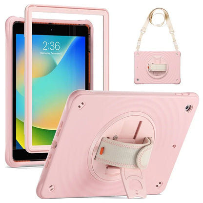 For iPad 10.2 (2021) / (2019) / (2020) Kickstand Case Round Ripples Hand Strap PC+Silicone Tablet Cover with Strap