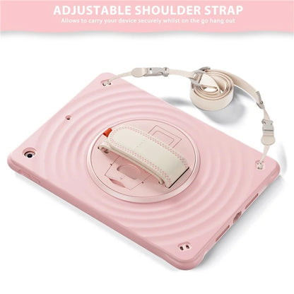 For iPad 10.2 (2021) / (2019) / (2020) Kickstand Case Round Ripples Hand Strap PC+Silicone Tablet Cover with Strap