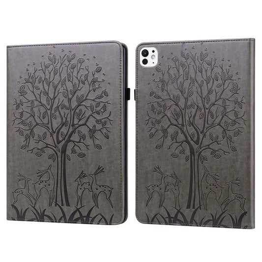 For iPad Pro 11 (2024) Case PU Leather Stand Tree Deer Pattern Tablet Cover with Card Slots