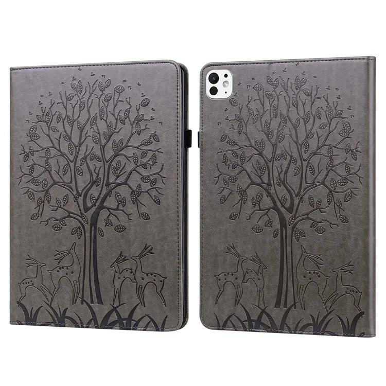 For iPad Pro 11 (2024) Case PU Leather Stand Tree Deer Pattern Tablet Cover with Card Slots