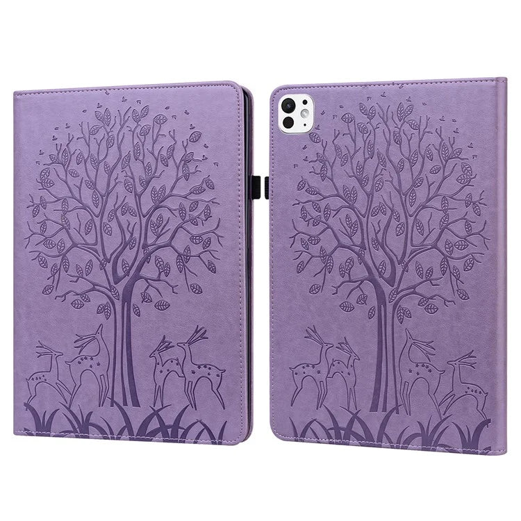 For iPad Pro 11 (2024) Case PU Leather Stand Tree Deer Pattern Tablet Cover with Card Slots