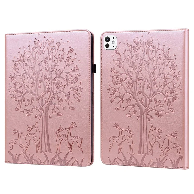For iPad Pro 11 (2024) Case PU Leather Stand Tree Deer Pattern Tablet Cover with Card Slots