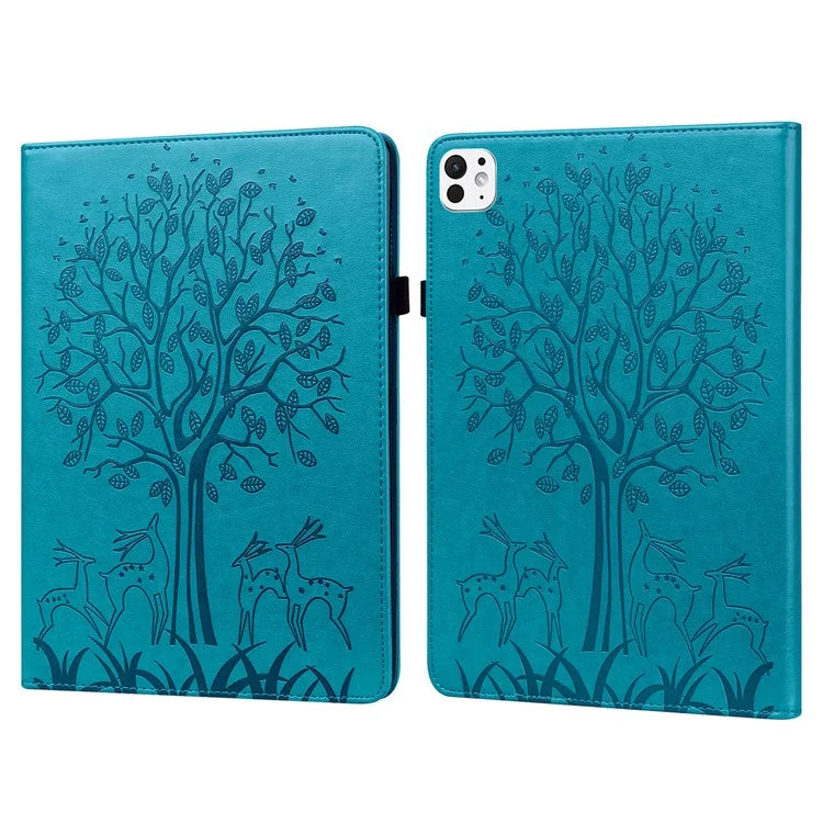 For iPad Pro 11 (2024) Case PU Leather Stand Tree Deer Pattern Tablet Cover with Card Slots