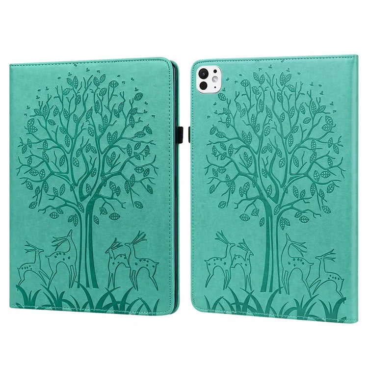 For iPad Pro 11 (2024) Case PU Leather Stand Tree Deer Pattern Tablet Cover with Card Slots