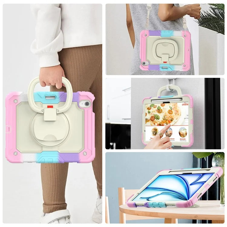 For iPad Air 11 (2024) Case Rotate Handle PC+Silicone Tablet Cover with Shoulder Strap