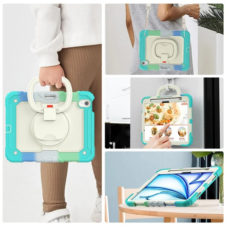 For iPad Air 11 (2024) Case Rotate Handle PC+Silicone Tablet Cover with Shoulder Strap